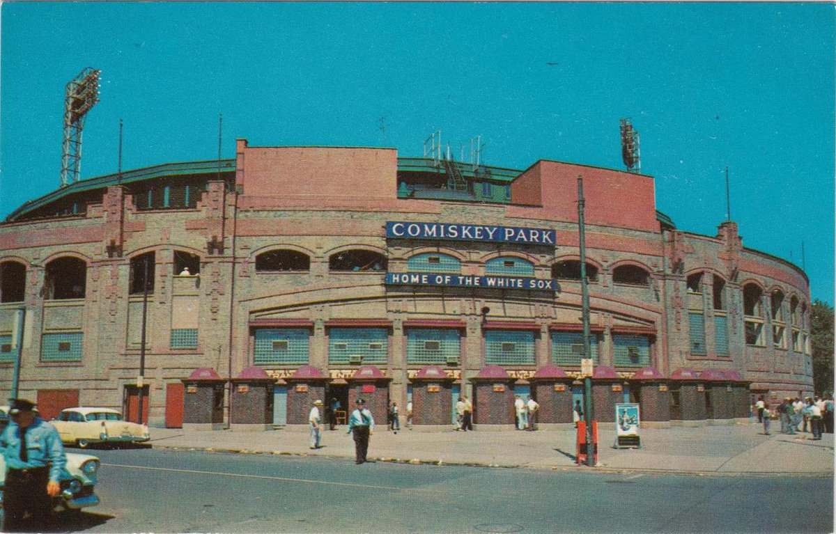 Comiskey Park, circa 1950's. Bill Veeck bought the White Sox in 1959 and painted the exterior white. A year later he added the 'exploding scoreboard.'