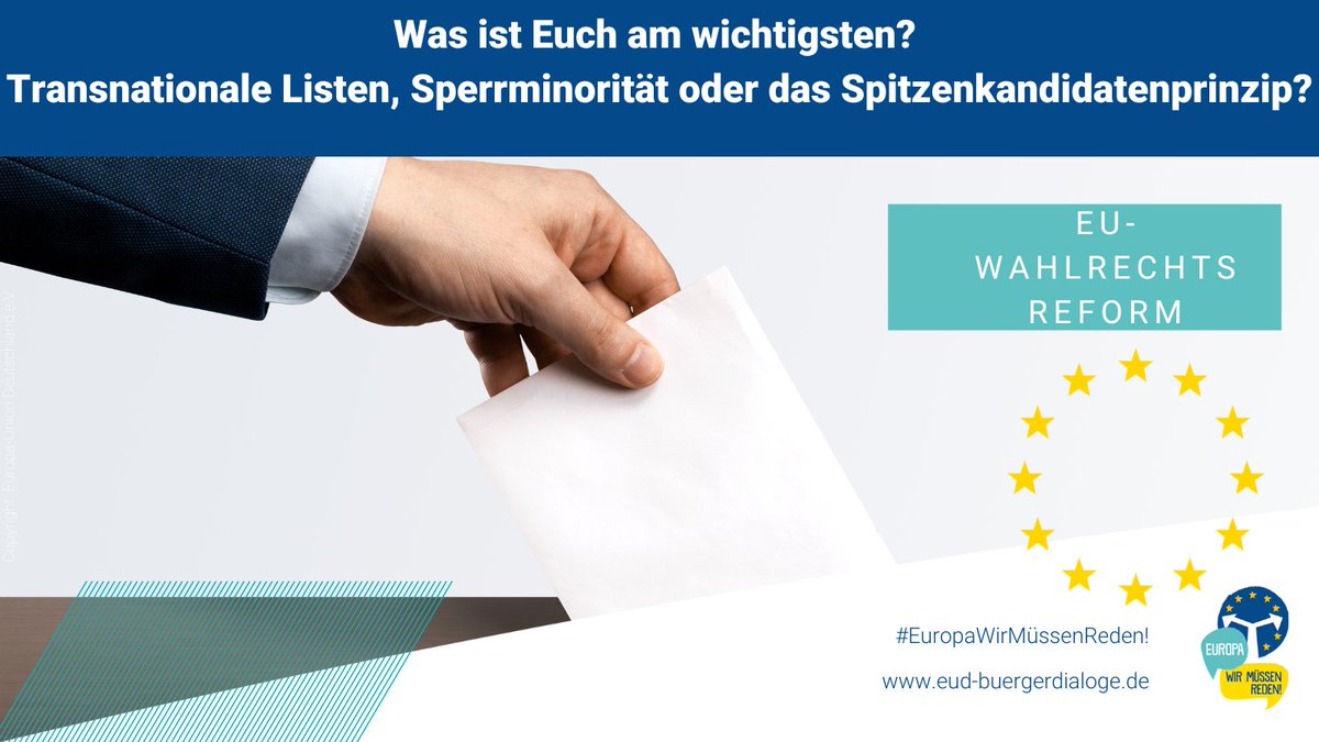 Bekommen wir zur #Europawahl 2024 ein neues #Wahlrecht? Am 3.5. reichte das 🇪🇺 Parlament einen Vorschlag für eine umfassende #Wahlrechtsreform ein. Dieser Vorschlag wird von den Mitgliedstaaten kontrovers diskutiert. Mehr dazu bei unserem Bürgerdialog👉bit.ly/3wr3pOq