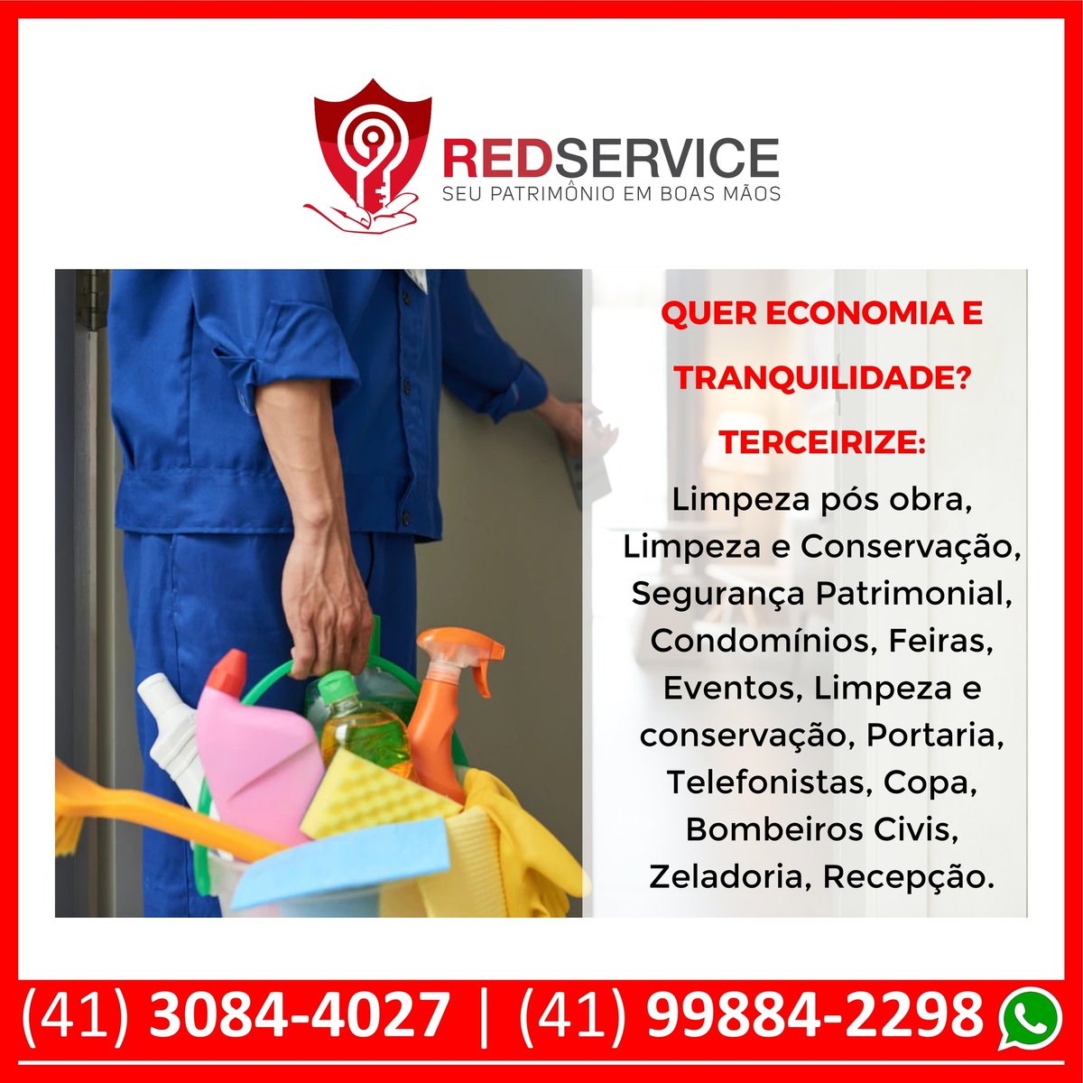 RedServices6's tweet photo. QUER ECONOMIA E TRANQUILIDADE?
TERCEIRIZE:
Limpeza pós obra, Limpeza e Conservação, Segurança Patrimonial, Condomínios, Feiras, Eventos, Limpeza e conservação, Portaria, Telefonistas, Copa, Bombeiros Civis, Zeladoria, Recepção.

#ECONOMIA #TRANQUILIDADE #TERCEIRIZADO https://t.co/mlIUnVxG7Q