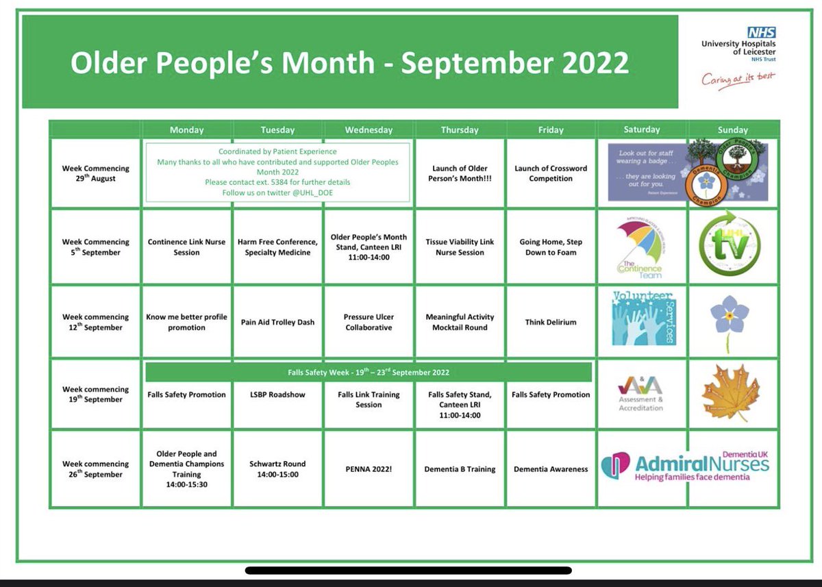 PatientExperience (@uhl_doe) on Twitter photo Today is the start of Older Peoples Month <a href="/Leic_hospital/">Leicester's Hospitals</a>. Help us celebrate by joining in on our activities here at UHL. Don’t forget to nominate your Champion of Champion! <a href="/carolbrad1/">Carol Bradley</a> <a href="/AdmiralNurseUhl/">UHL Admiral Nurse Service</a> <a href="/ActivitiesUhl/">Meaningful Activities UHL</a> <a href="/FallsUhl/">UHL Falls Safety</a> <a href="/UHLContinence/">UHLContinence</a> <a href="/UHLTVTeam/">UHL Tissue Viability</a> @assessment_uhl Today is the start of Older Peoples Month <a href="/Leic_hospital/">Leicester's Hospitals</a>. Help us celebrate by joining in on our activities here at UHL. Don’t forget to nominate your Champion of Champion! <a href="/carolbrad1/">Carol Bradley</a> <a href="/AdmiralNurseUhl/">UHL Admiral Nurse Service</a> <a href="/ActivitiesUhl/">Meaningful Activities UHL</a> <a href="/FallsUhl/">UHL Falls Safety</a> <a href="/UHLContinence/">UHLContinence</a> <a href="/UHLTVTeam/">UHL Tissue Viability</a> @assessment_uhl