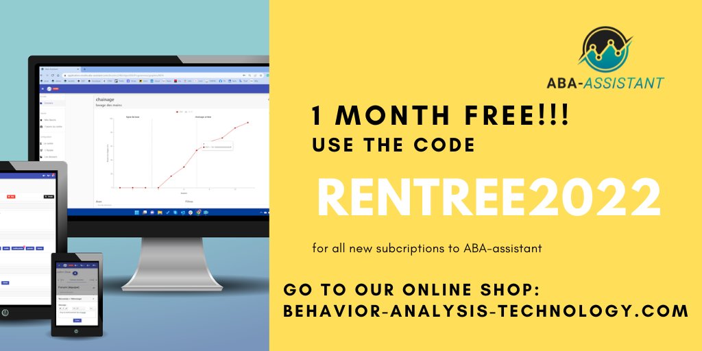 BATechnologyABA's tweet photo. Take advantage of a free month to try ABA-assistant with the promo code "RENTREE2022"
Collect, analyze  update programs, communicate and collaborate as a team with ABA-assistant
And all this while saving time and gain efficiency!
Our online store: https://t.co/hcwiA9s2UN https://t.co/vFxU3ufyxr