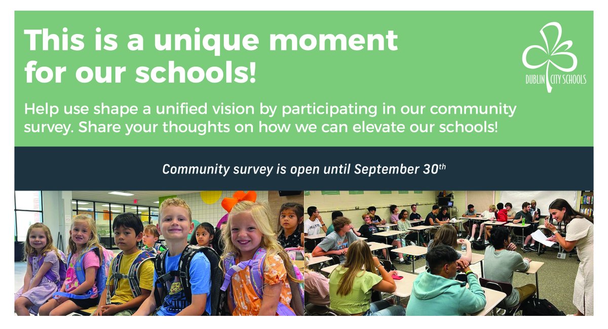 DublinSchools's tweet photo. Dublin City Schools has launched a community survey that is open during the month of September. Please complete the survey by Sept. 30. You can complete the survey at this link: https://t.co/tU7u66OPlp https://t.co/WjzNrJINzM