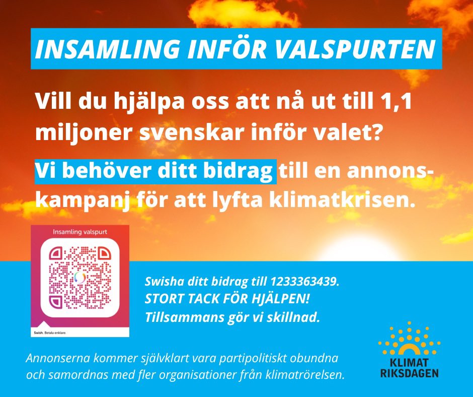 varabarnsklimat's tweet photo. Hjälp oss lyfta klimatet i valspurten! Swisha ditt bidrag, skriv "klimatannons" i meddelandet. Framtagen av @klimatriksdagen i samarbete med oss, @GlobalUtmaning Klimatsalongen, @WeDontHaveTime och @klimataktion 
 #klimatval2022 #klimat https://t.co/tRQ4nFZq3T