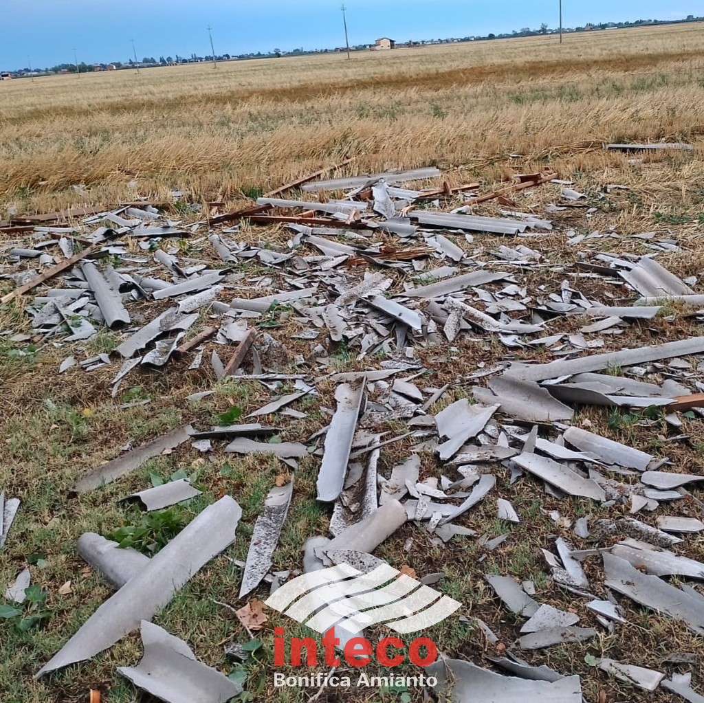 IntecoSrl's tweet photo. Ancora fenomeni di #microbust nell'area ferrarese ieri sera. Questi gli effetti del vento forte che hanno divelto parte del tetto in #amianto che si è frantumato a terra sul terreno agricolo.
Ci stiamo attivando per intervenire tempestivamente 
#smaltimentoamianto #eternit https://t.co/mmXGjpOzPk
