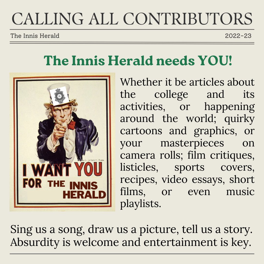 TheInnisHerald's tweet photo. Are you a writer? A photographer/illustrator? Or a video essayist/film maker?  The Innis Herald is open for contributions! 

To sign up, scan the QR code or click the link in bio! 

#theinnisherald #Newspaper #contributions https://t.co/nD1WX9cw0O