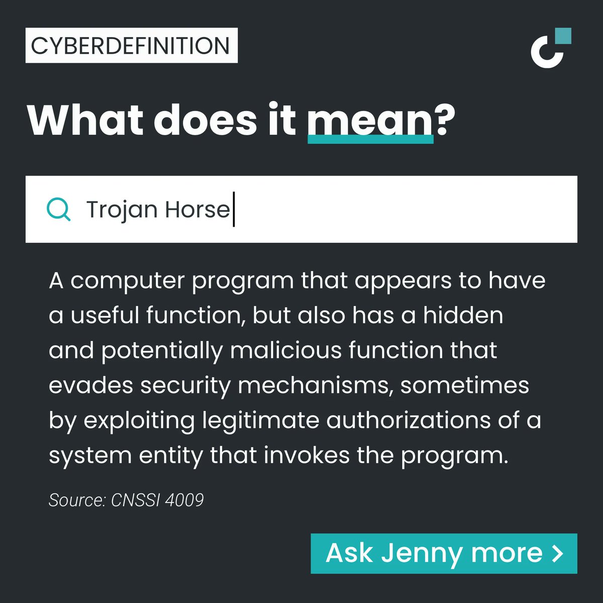 Decipher_Cyber's tweet photo. What is a Trojan Horse?

A computer program that appears to have a useful function, but also has a hidden and potentially malicious function that evades security mechanisms, sometimes by exploiting legitimate authorizations of a system entity that invokes the program. https://t.co/AjZOEGigpv