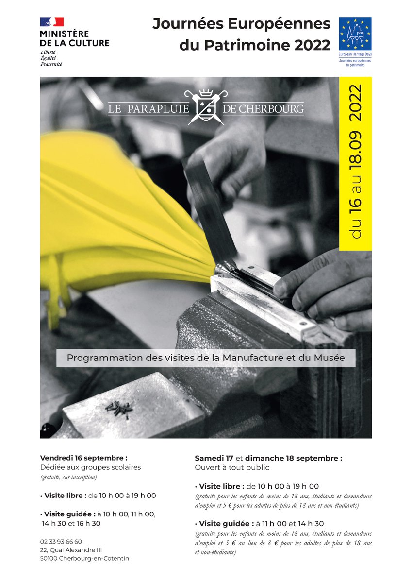 ☂️ JOURNÉES EUROPÉENNES PATRIMOINE 2022☂️

Le Parapluie de Cherbourg vous ouvre ses portes pour la 39e édition des Journées Européennes du Patrimoine sur le thème du Patrimoine Durable. 
Venez découvrir tous nos secrets à travers des visites libres et guidées.