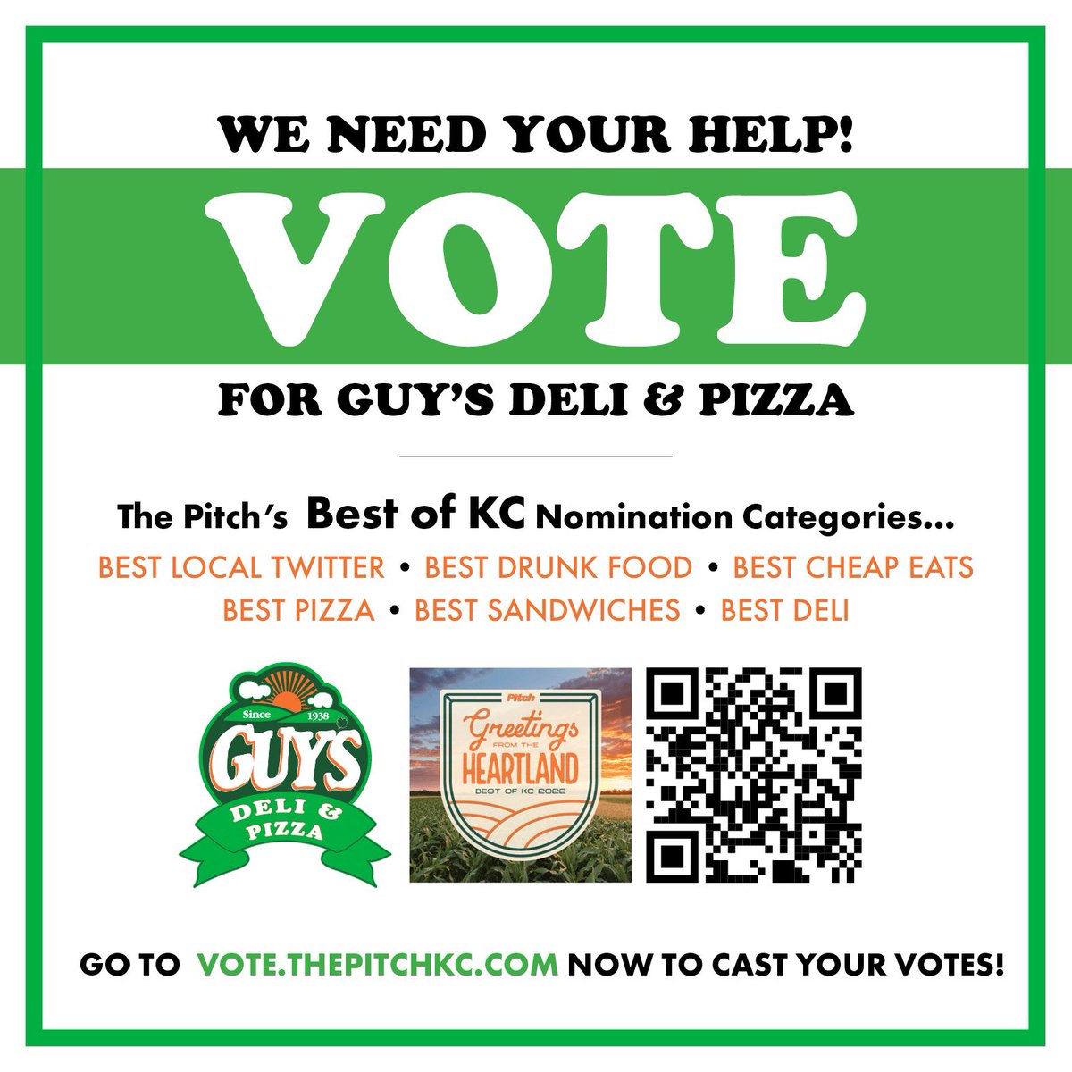 Kansas City is the best.

THANK YOU for all of the nominations we received for Guy’s and Guy’s Deli for <a href="/TheFastPitch/">The Pitch</a> Best of KC 2022.

Links will be in a tweet below for the different vote categories.  We’re honored to be included.

With that being said…let’s win this.