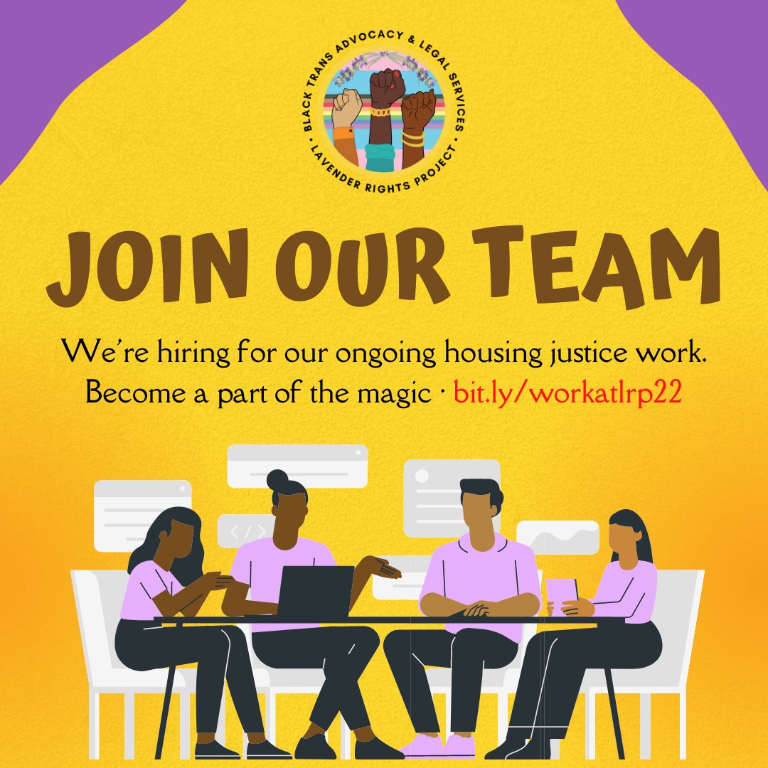 lavrights's tweet photo. WE ARE HIRING! LRP is moving full-steam ahead on its ongoing housing justice work, and we want you to become a part of the magic. Click the link in the bio to learn more, or visit https://t.co/ZL9zRAtFfH #jobs #transisbeautiful #lavenderrightsproject https://t.co/dAvzm2AkNV