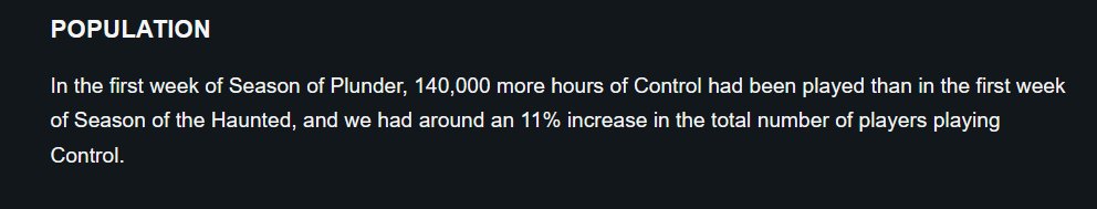 Destiny 2 population at the start of this season: ~1.6M Destiny 2 population at the start of last season: ~1.3M PvP population is up because the overall population is up. The TWAB seems to imply that this population increase is a direct result of SBMM, and I very much disagree.