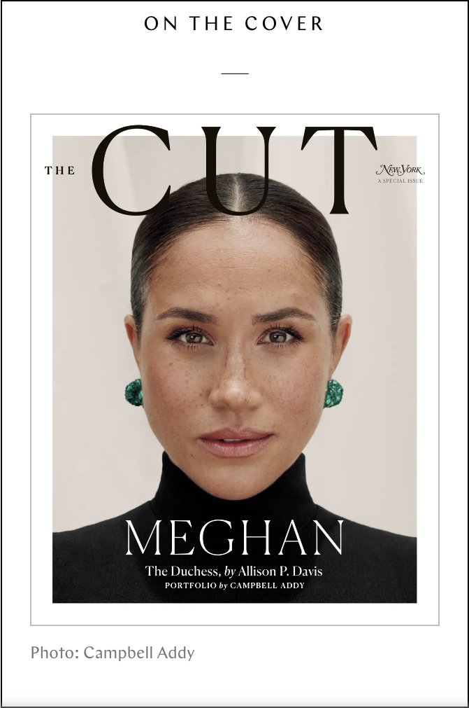 Photograph of the cover of New York Magazine with Meghan Markle wearing a black turtleneck and green earrings with her hair pulled back into an elegant bun.