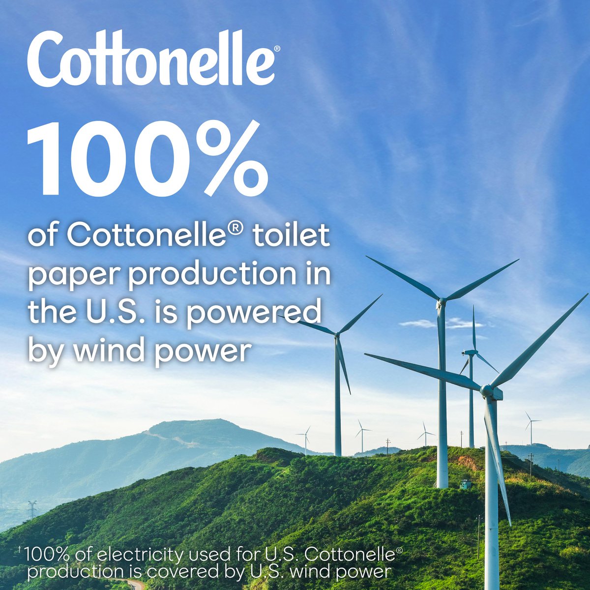 You’ll feel refreshed and renewed when choosing #Cottonelle® because 100% of our tp production in the U.S is #sustainably wind powered*🍃 *off-setting 100% purchased electricity with power generated at U.S. wind farms