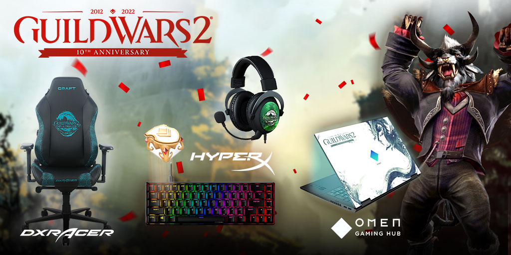 GuildWars2_DE's tweet photo. Nur noch heute: Gemeinsam mit @OMENbyHP @DXRacer @HyperX feiern wir #TenYearsOfGW2 mit tollen Preisen! Schaut auf https://t.co/XYWchya4qP vorbei, wenn ihr die letzte Chance auf einen Gewinn nutzen wollt. https://t.co/G3EVbep0cB