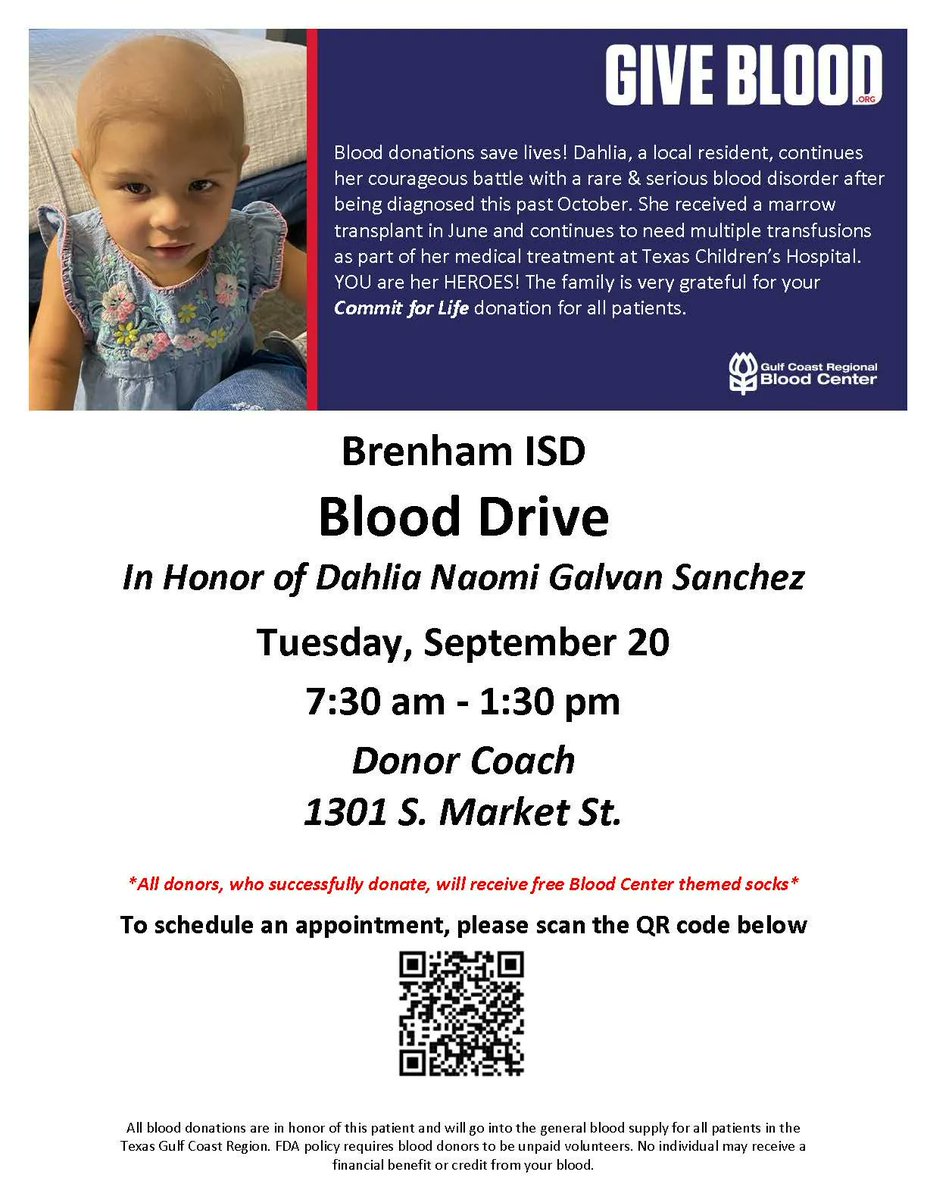 BrenhamISD's tweet photo. Brenham ISD in partnership with Gulf Coast Regional Blood Center will be hosting blood drive in honor of local resident Dahlia Naomi Galvan Sanchez on Tue. 9/20 from 7:30 -1:30. The Blood Center will have their Donor Coach located at Community Ed Building on 1301 S. Market St https://t.co/PxNazm4mAS