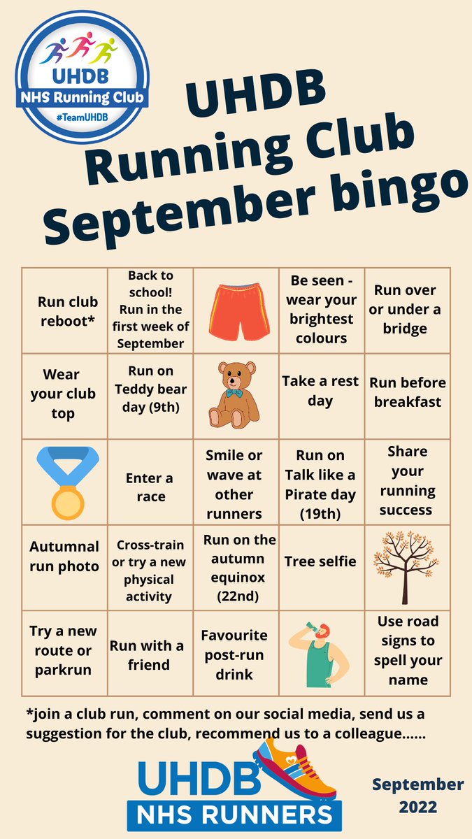 Hello September! Bingo board ready for that exciting, back to school, fresh start for your running #TeamUHDB <a href="/UHDBWellbeing/">UHDB Wellbeing</a> <a href="/UHDBTrust/">University Hospitals of Derby and Burton NHS FT</a>
