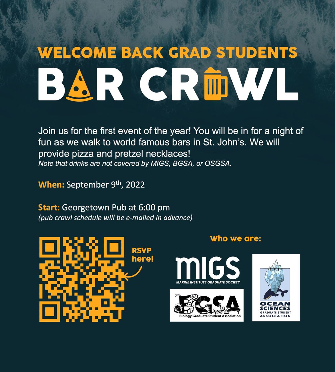 The OSGSA is excited to announce that we will be co-hosting a graduate student bar crawl next Friday along with our friends <a href="/munbgsa/">BGSA</a> and MIGS! If you're a student in one of our departments, please register!