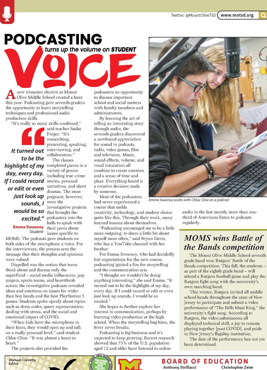 Check out the article in the district newsletter about the MOMS Radio podcasting class! motsd.org/ourDistrict/di… 
Want to hear the podcasts mentioned in the article? Follow MOMS Radio on Spotify or Google Podcasts: anchor.fm/momsradio 
<a href="/mtolivemiddle/">Mt. Olive Middle School</a>