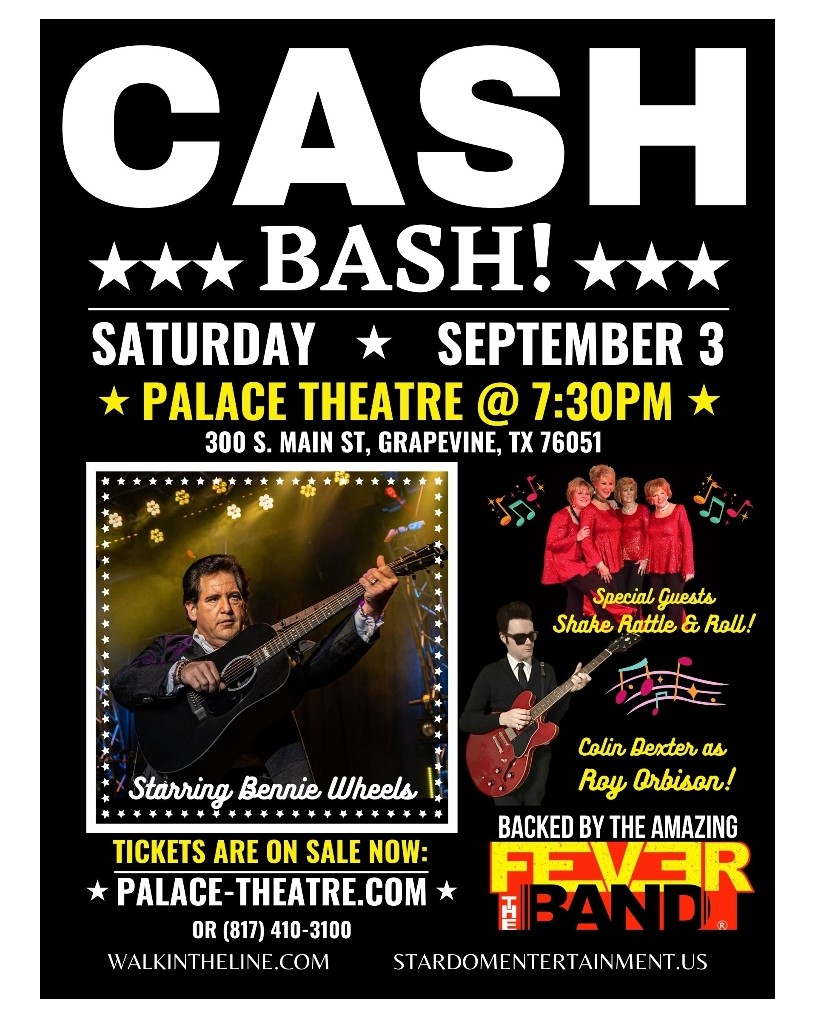 SATURDAY (Sept 3) at 7:30 PM join us for a fun night with Johnny Cash tribute artist Bennie Wheels and Roy Orbison tribute artist Colin Dexter with their show CASH BASH!

Tickets still available: ow.ly/a8JH50Ky8oL