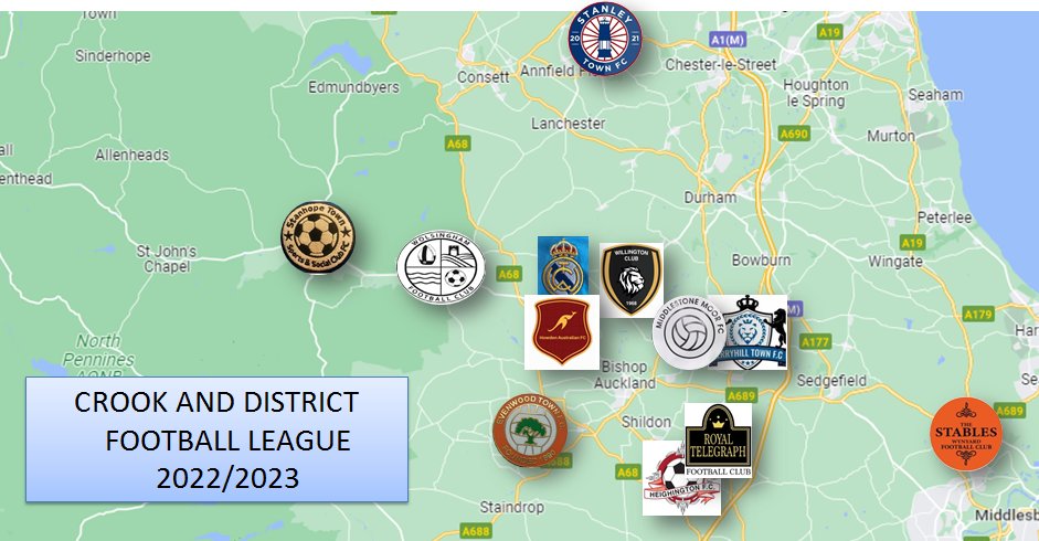 CROOK AND DISTRICT FOOTBALL LEAGUE 2022/2023
Here's a map of the 12 clubs who play in the single division Crook &amp; District League. This league sits outside of the pyramid but roughly sits below Wearside League Div 3 (Tier 13).