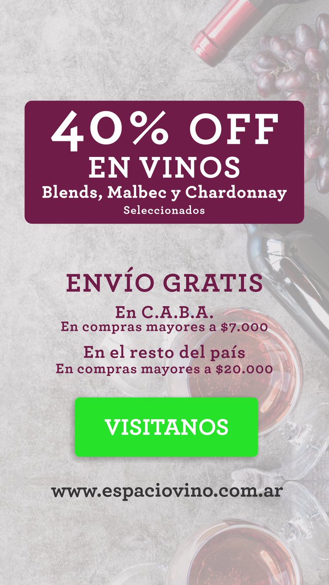 40% OFF
En vinos Blends, Malbec y Chardonnay seleccionados

Compralos acá:
espaciovino.com.ar/landing/40-Off…

#vinos