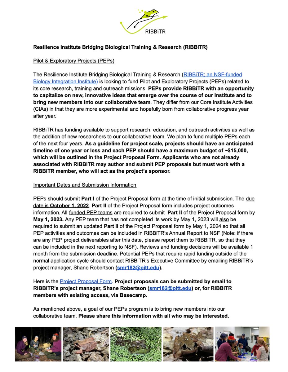 Check it out! RIBBiTR is launching our Pilot &amp; Exploratory Projects (PEPs) program to bring new projects and members into our collaborative team. Submission deadline is Oct 1st. Explore the full details and clickable pdf at RIBBiTR.com/join.