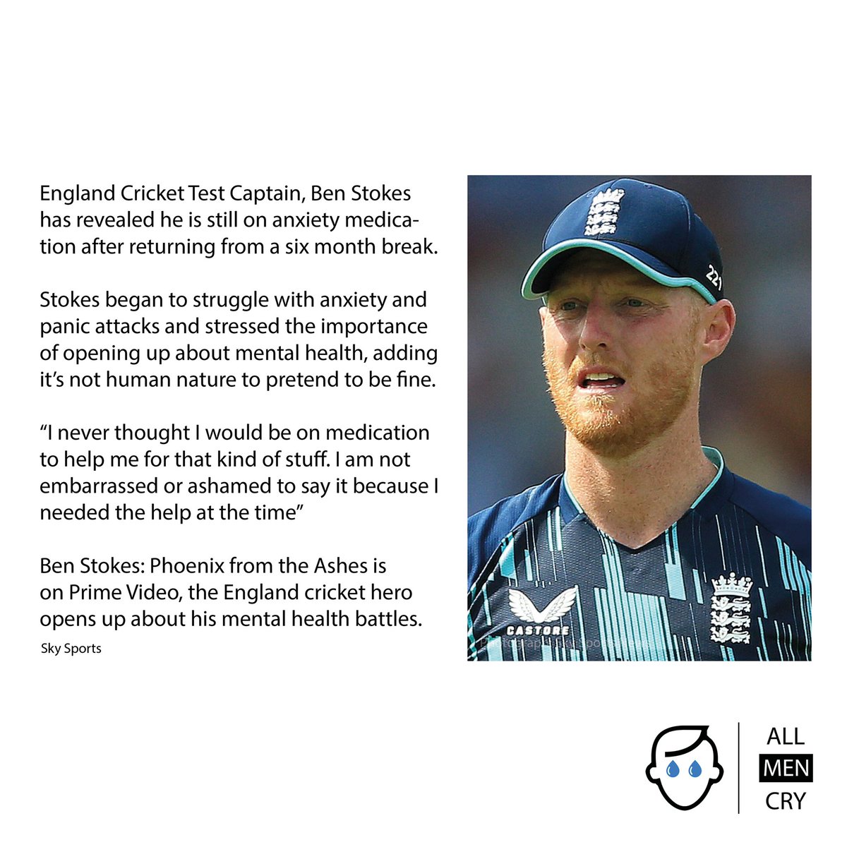 AllMenCry's tweet photo. @benstokes38 has revealed he suffered panic attacks while sitting on the toilet in his room at the England team hotel.

His agent says he was in tears and struggling for breath while team-mates questioned whether he would ever play again.

#cricket #ENGvSA #mentalhealth https://t.co/jJuA2rr6Kx