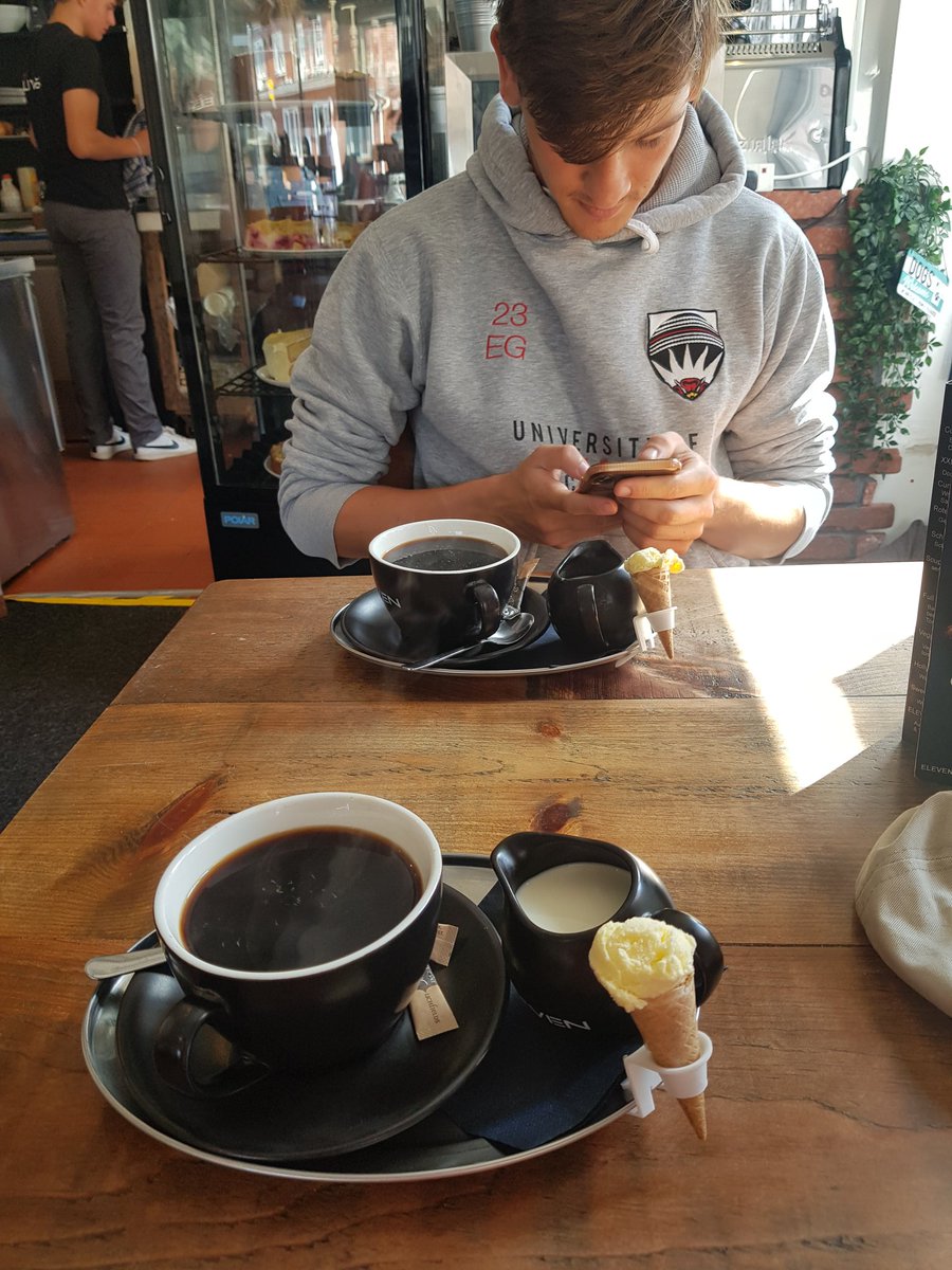 gaffney_v's tweet photo. Any cafe providing coffee with a mini ice cream cone and a cuddly french bulldog called Sherlock gets the Gaffney seal of approval #CafeEleven #whitchurch https://t.co/DU9sNmk15y