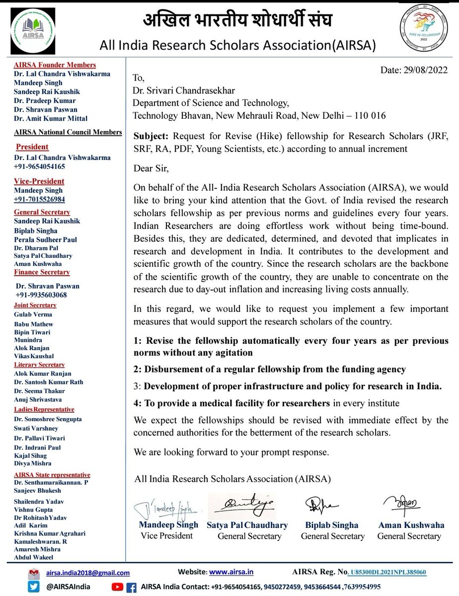 AIRSAIndia's tweet photo. #Hike_In_Fellowship_22 
We didn't get any response from the DST Secretary so far.Then, you can understand how the higher authorities are sensible towards research &amp; Researchers.@PMOIndia @DrJitendraSingh @AjaySoodIISc @PrinSciAdvGoI @mamidala90 @Xpress_edex @thewire_in @IndiaDST https://t.co/FBVqfCGCMM