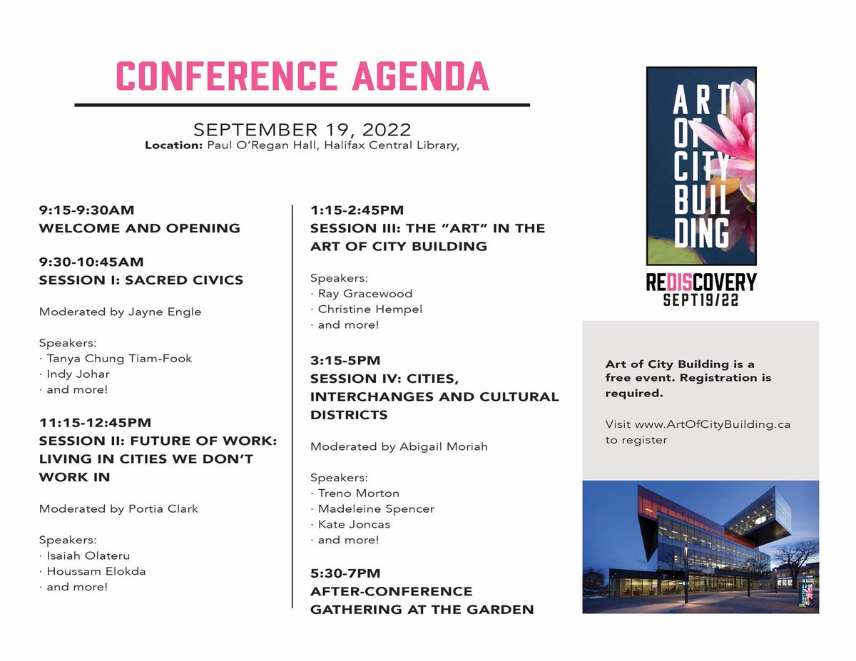 AoCB_Conference's tweet photo. Registration is now live for Art of City Building 2022📣 

Taking place virtually and in person at the Halifax Central Library on September 19th, 2022! 

Registration is free and there are four great sessions planned, along with a post-event gathering!
https://t.co/5SIJ9b5Vzg https://t.co/zK9uYhTWyX