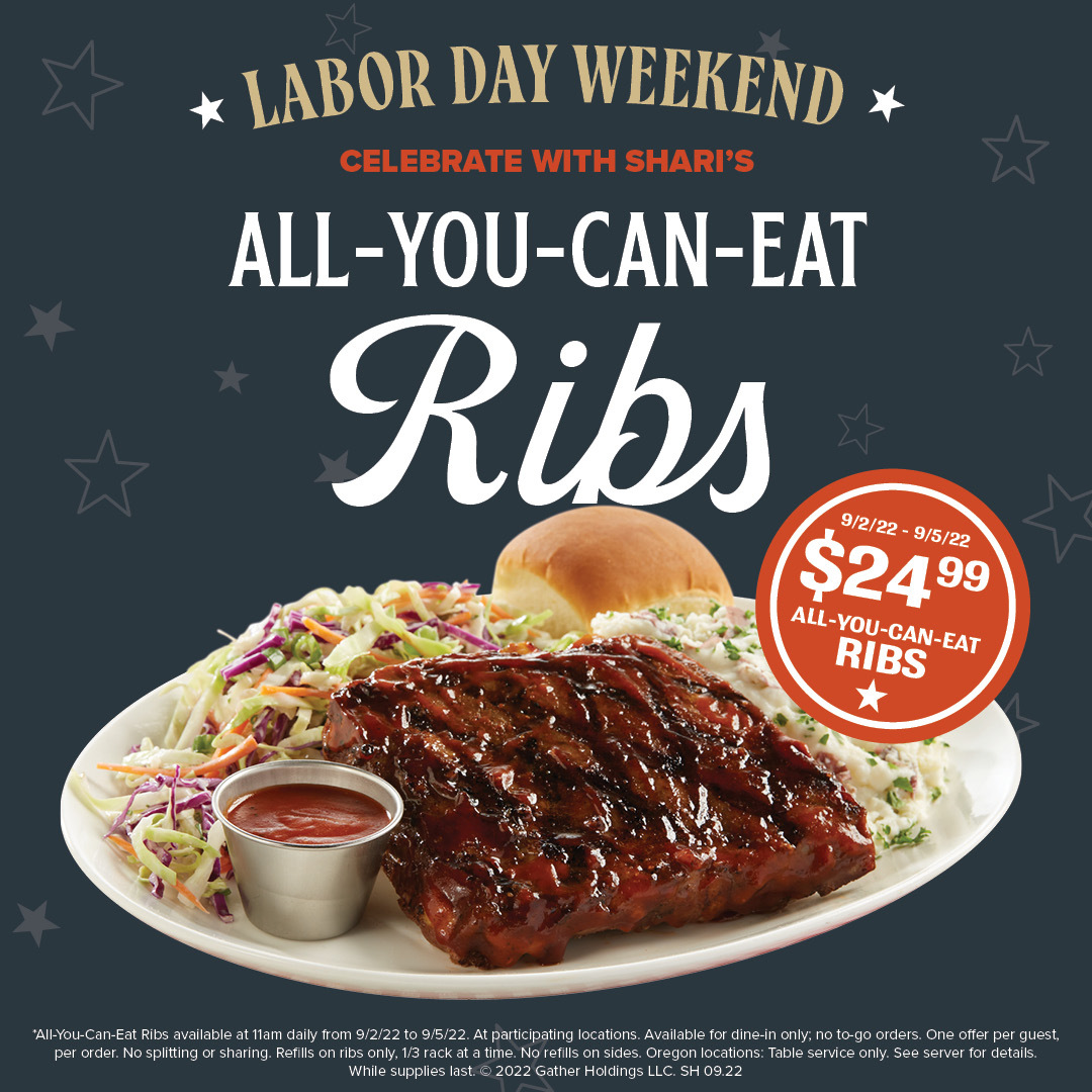 SharisPies's tweet photo. Starting Friday, celebrate Labor Day weekend with All-You-Can-Eat RIBS just $24.99! Hurry, before this Rib-tastic deal ends Monday!
Offer Valid 9/2 - 9/5. Available for Dine-in Only. Find a Shari's near you to celebrate this Labor Day! https://t.co/sUjAwZUChC