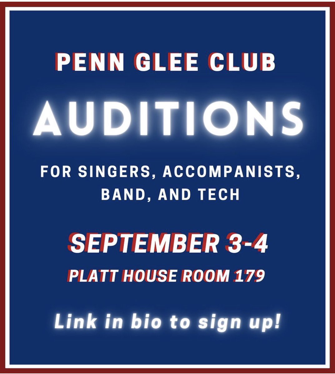 Do you want to be part of the best band on campus? Audition for Penn Glee Club Band here! signupgenius.com/go/10c0f4fafa9…
We accept all musicians at all skill levels but are also looking for horns, guitar, and piano!