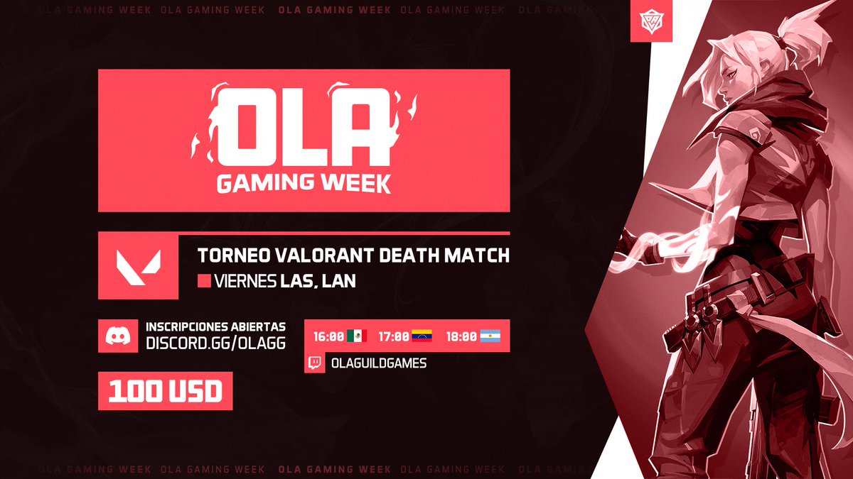 OLAGuildGames's tweet photo. 🏆 OLA GAMING WEEK - VALORANT 🏆
Continúa la semana del gamer con #OLAGamingWeek, esta vez con 2 torneos de @PlayVALORANT en la modalidad de Deathmatch con 100 USDC a repartir.
📅 Viernes | 5:00 pm EST
Regístrate gratis ➡️ https://t.co/FElZFs0IiJ https://t.co/piIiU1C52N
