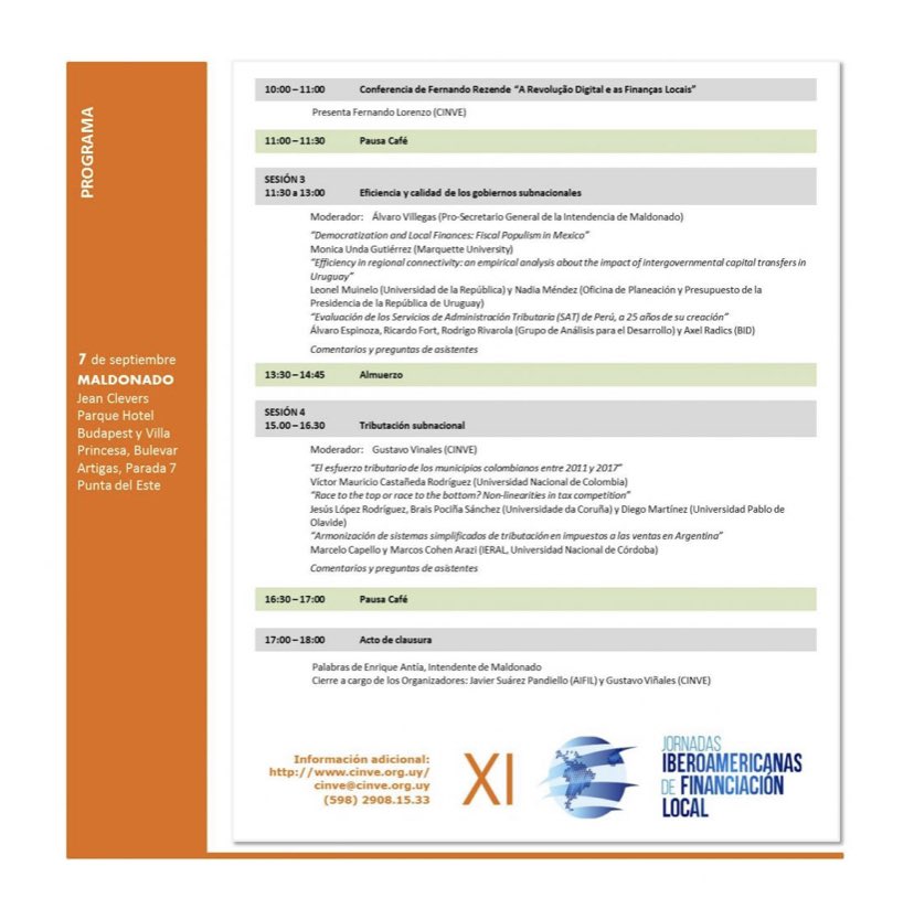 jaime_bonet's tweet photo. 6 y 7 de septiembre tendrá lugar la XI Jornadas Iberoamericana de Financiación Local @aifil_jifl @CINVE_uy https://t.co/obZ7bud8qj
