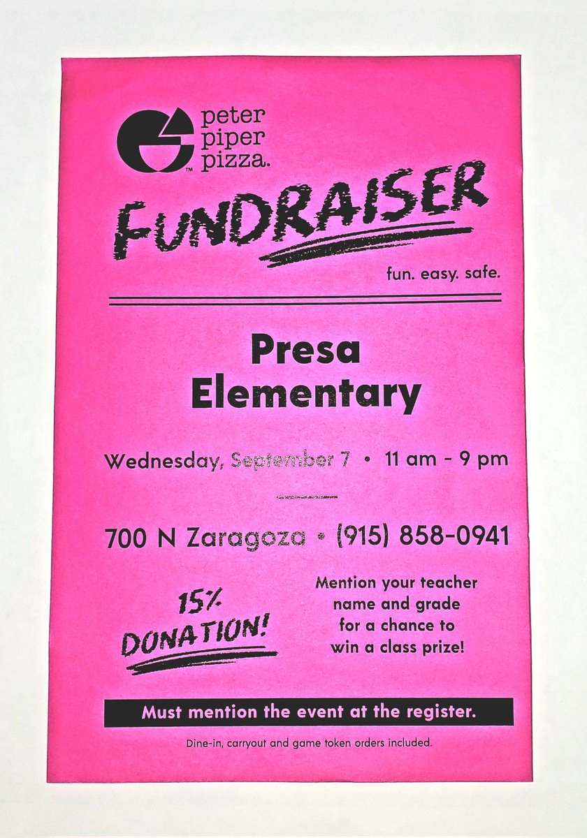 Presa Elementary School (@presa_wildcats) on Twitter photo <a href="/Presa_Wildcats/">Presa Elementary School</a> <a href="/presa_library/">Presa ES Library</a> <a href="/Banegas19Wendy/">Wendy Banegas</a> <a href="/AlexCamack/">Alex Camack 🐾</a>
<a href="/YISD_enEspanol/">YsletaISD_enEspañol</a>
Presa Community, make plans to join us <a href="/peterpiper_ep/">Peter Piper Pizza El Paso & Las Cruces</a> at 700 N. Zaragoza next Wednesday between 11am - 9pm.
#BowUp
#WeArePresa
#WeDeliverExcellence
#THEDISTRICT <a href="/Presa_Wildcats/">Presa Elementary School</a> <a href="/presa_library/">Presa ES Library</a> <a href="/Banegas19Wendy/">Wendy Banegas</a> <a href="/AlexCamack/">Alex Camack 🐾</a>
<a href="/YISD_enEspanol/">YsletaISD_enEspañol</a>
Presa Community, make plans to join us <a href="/peterpiper_ep/">Peter Piper Pizza El Paso & Las Cruces</a> at 700 N. Zaragoza next Wednesday between 11am - 9pm.
#BowUp
#WeArePresa
#WeDeliverExcellence
#THEDISTRICT