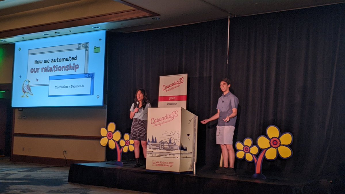 Now @Not_Woods & @thebetterdaphne  are on the #cascadiajs stage giving the most adorable talk ever about how they used scripting & IoT devices to automate the boring repetitive household tasks in their relationship! Too cute 💖
