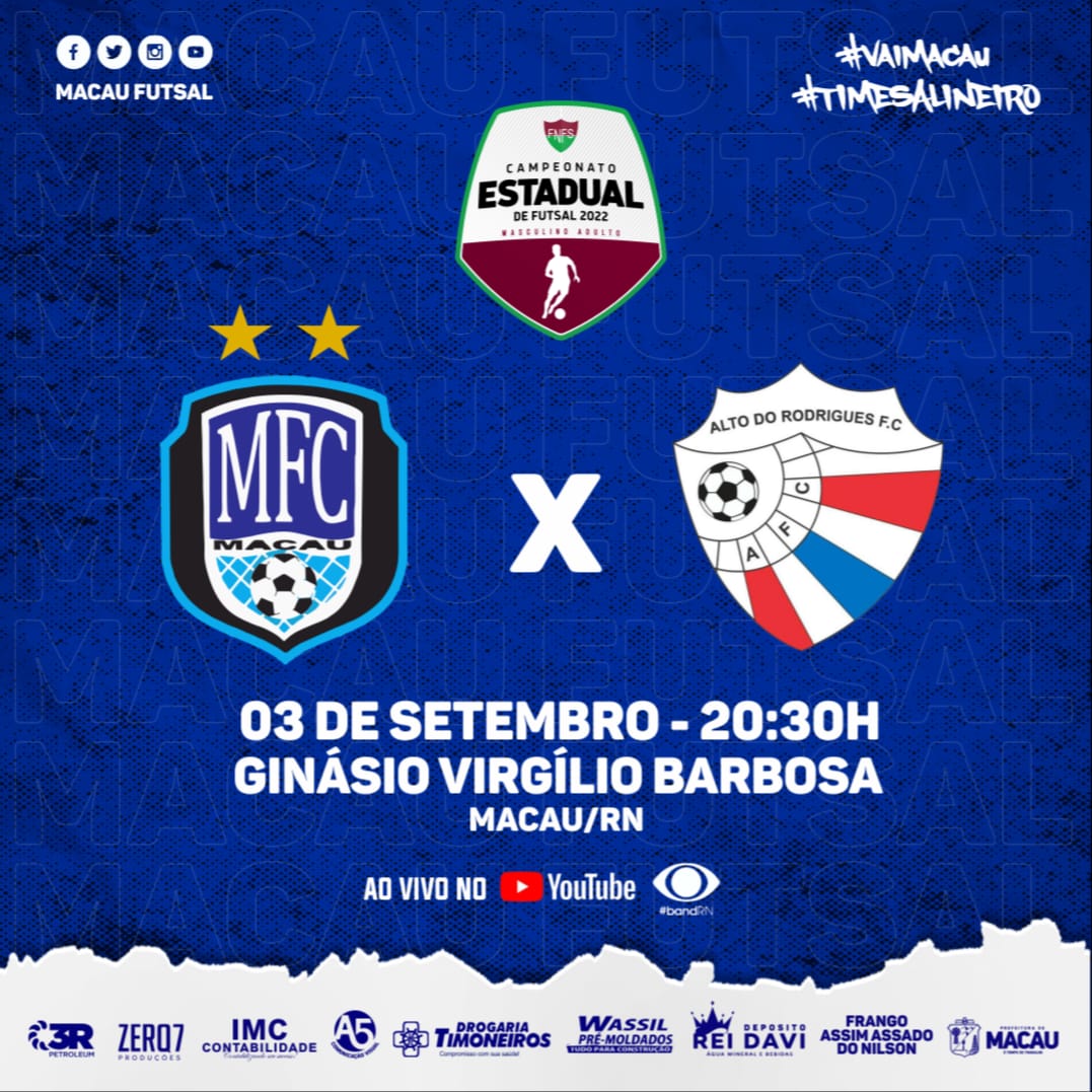MacauFC's tweet photo. É NESSE SÁBADO 03/09!
A estreia do Macau Futsal no Campeonato Estadual @fnfsrn 2022. Contamos com presença de todos, para lotar o Ginásio Virgílio Barbosa e incentivar o time salineiro rumo a VITÓRIA!
#MacauFutsal #MacauFC #TimeSalineiro #VaiMacau #EstadualFNFS22 https://t.co/yCWOQh1SIY