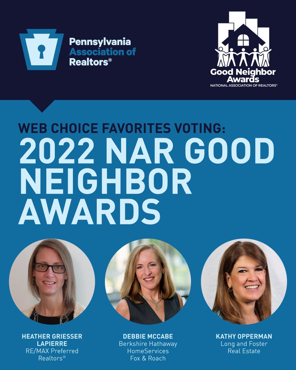 PARealtors's tweet photo. Three Realtors® from Pennsylvania are in the top 10 finalists in the @NARdotRealtor's #GoodNeighborAwards! 🥳 

Heather Griesser LaPierre with @remax
@debbiemccabe with @bhhsfoxroach
@KathyOpperman with @longandfoster

Vote here: https://t.co/gcdun0u5kI

#RealtorsAreGoodNeighbors https://t.co/HJaD11N662
