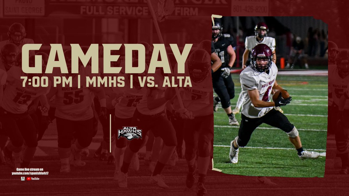 MapleMountainFB's tweet photo. Friday Night Football - Maple Mountain vs Alta at MMHS 7:00p

Game will be live-streamed on https://t.co/J6czCjtVOW or https://t.co/X4f81HySTp 

#goldeneaglefootball
#maplemountainsports
#sfcn
#spanishfork17 https://t.co/p9fpT13cgx
