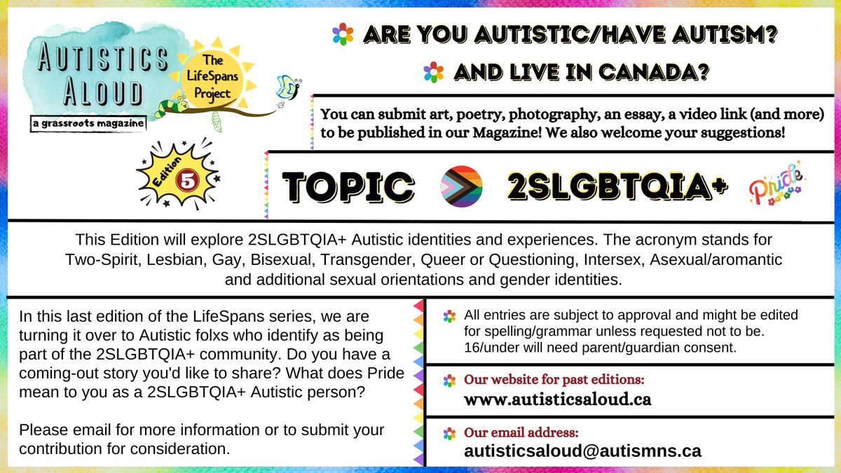 AutisticsAloud's tweet photo. Autistics Aloud is very excited to announce the next topic for the LifeSpans series is 2SLGBTQIA+ Autistic identities &amp; experiences. This is our 5th&amp; last in the series.

Please email: autisticsaloud@autismns.ca for more info or to submit your contribution for consideration. https://t.co/4KEd8CIHY0