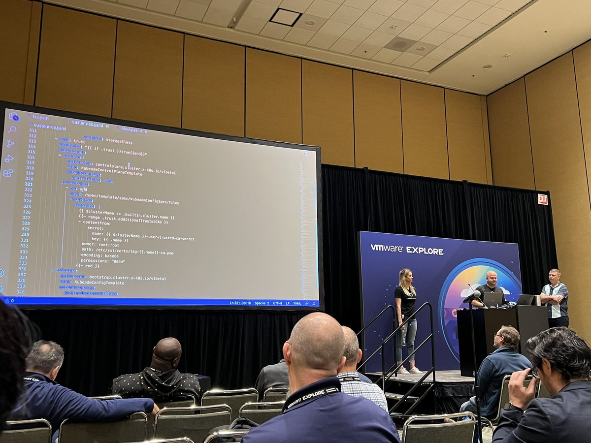darinzook's tweet photo. In #KUBB2183US, @timmycarr is kubernerding out on new ClusterClass API in Tanzu Kubernetes Grid 2.0! Great session and insights on the State of Kubernetes and how @VMwareTanzu brings simplicity and consistency to the modern enterprise. #VMwareExplore https://t.co/nvFDOvbG71
