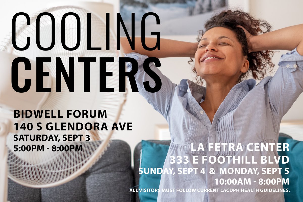 CityofGlendora's tweet photo. Cooling Centers open this weekend!
Sat | 5pm-8pm
Bidwell Forum, 140 S Glendora Ave
Sun &amp; Mon | 10am-8pm
La Fetra Center, 333 E Foothill Blvd
Limited capacity, first come-first served.
All visitors must follow current LACDPH Health Guidelines. https://t.co/KnzKcPs0ty