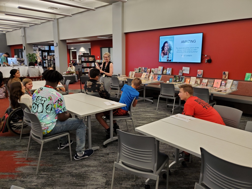 Mrs_JAnderson's tweet photo. Thank you Mr. Holman for bringing your fabulous students down all day for #booktalks I hope they enjoy #Reading and come get more #books soon! #BroncosRead https://t.co/ooasSwdIPq