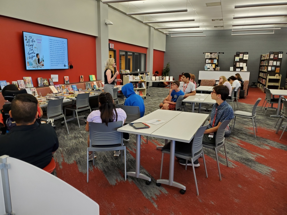 Mrs_JAnderson's tweet photo. Thank you Mr. Holman for bringing your fabulous students down all day for #booktalks I hope they enjoy #Reading and come get more #books soon! #BroncosRead https://t.co/ooasSwdIPq