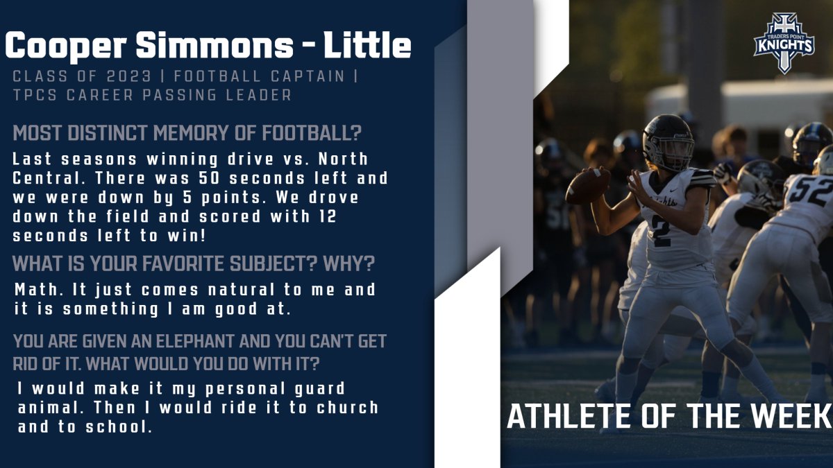 TPCSKnights's tweet photo. After breaking the TPCS career passing yards record. Our ATHLETE OF THE WEEK is Cooper Simmons-Little! @CooperSL11 #GOKNIGHTS https://t.co/DfEW6pNBqB