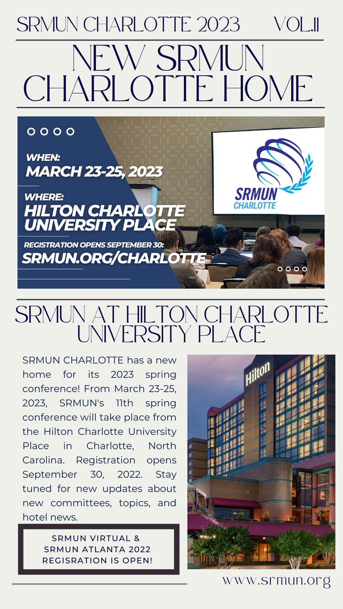 It’s official! SRMUN Charlotte 2023 has a new home at @HiltonCLTUniv! Introducing a couple new committees too! Registration opens Sept. 30th! Hope to see you from March 23-25, 2023. 🇺🇳 #srmunclt