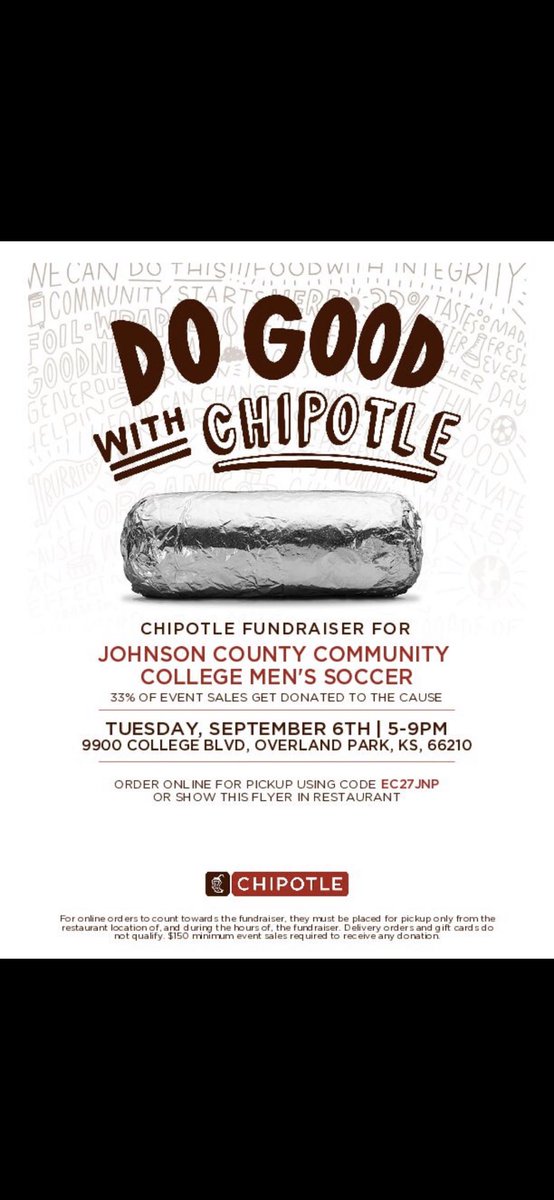 JcccMsoc's tweet photo. No need to cook dinner….we have an alternative for you…Join us next Tuesday Sept. 6th from 5-9pm @ChipotleTweets for an opportunity to help us raise some money for our men’s soccer program. ⚔️⚽️#GOCAVS #JCCCMSOC https://t.co/oRGLkOffun