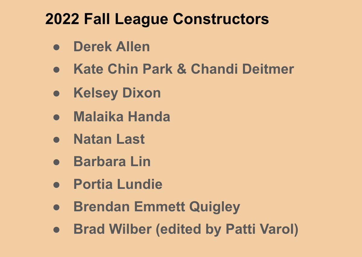 Congrats to Kelsey Dixon, who was selected in our Open Submission process as the 9th constructor in the upcoming Boswords Fall Themeless League, joining the fabulous crew below. Registration for the Fall League opens this Saturday 9/3 at boswords.org