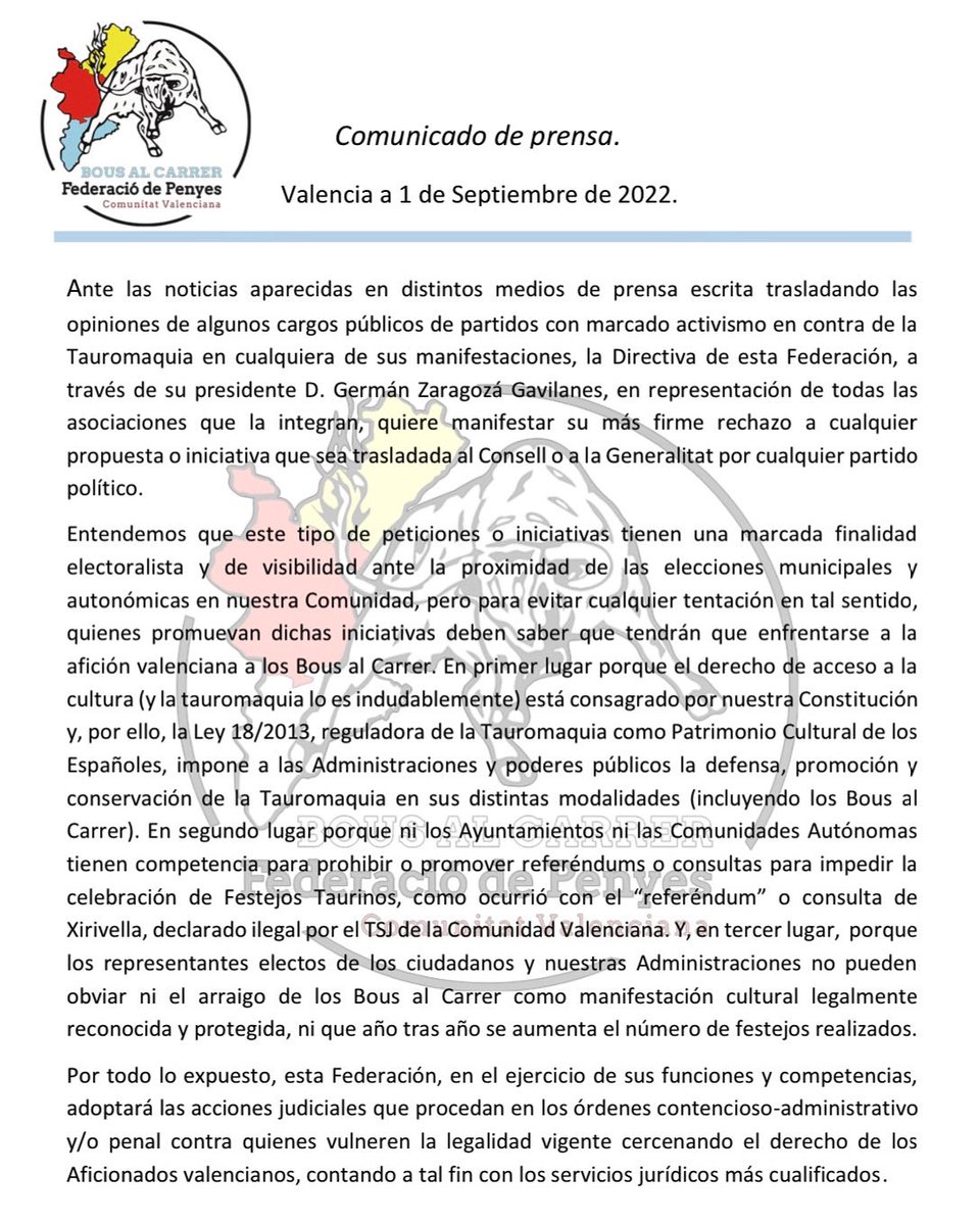fedbousalcarrer's tweet photo. 📰 Comunicado de prensa.
Desde la federación se van a adoptar las acciones judiciales que procedan  contra quienes vulneren la legalidad vigente. 🐂✅ https://t.co/k1pAs5S4tZ