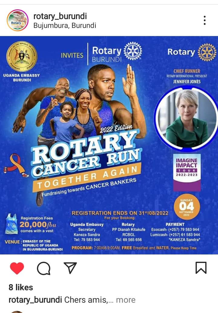 It's count down to #Sunday for the #RotaryCancerRun22 #BurundiCorner.
Pick up your kit from #UgEmbassyBurundi if you have paid; if not yet, do the needful. 
<a href="/Ug_livbi/">Association of Ugandans Living in Burundi</a> <a href="/BurundiRotary/">Rotary Burundi</a> <a href="/ClubUmuco/">Rotary Club Bujumbura Umuco</a> <a href="/ClubInyange/">Rotary Club Bujumbura Inyange</a> <a href="/IngomaRcb/">@RCB-Ingoma</a> <a href="/RCBTanganyika/">Rotary Club Bujumbura Tanganyika</a> <a href="/racbujumbura/">Rotaract_club_bujumbura</a> @racgreatlake <a href="/RotaractT/">Rotaract Bujumbura Tanganyika</a> @IngomaRo