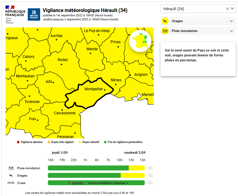 Prefet34's tweet photo. 🟡 Vendredi 0⃣2⃣ septembre  L'#Hérault passe en #vigilancejaune ⤵️⤵️
👉A partir de 10h #vigilancejaune #orages⚡️
👉A partir de 12h #vigilancejaune #pluie-#inondation🌧️
⚠️Soyez vigilants⤵️
https://t.co/dw9t7y7R4V https://t.co/Val2TFLgV4